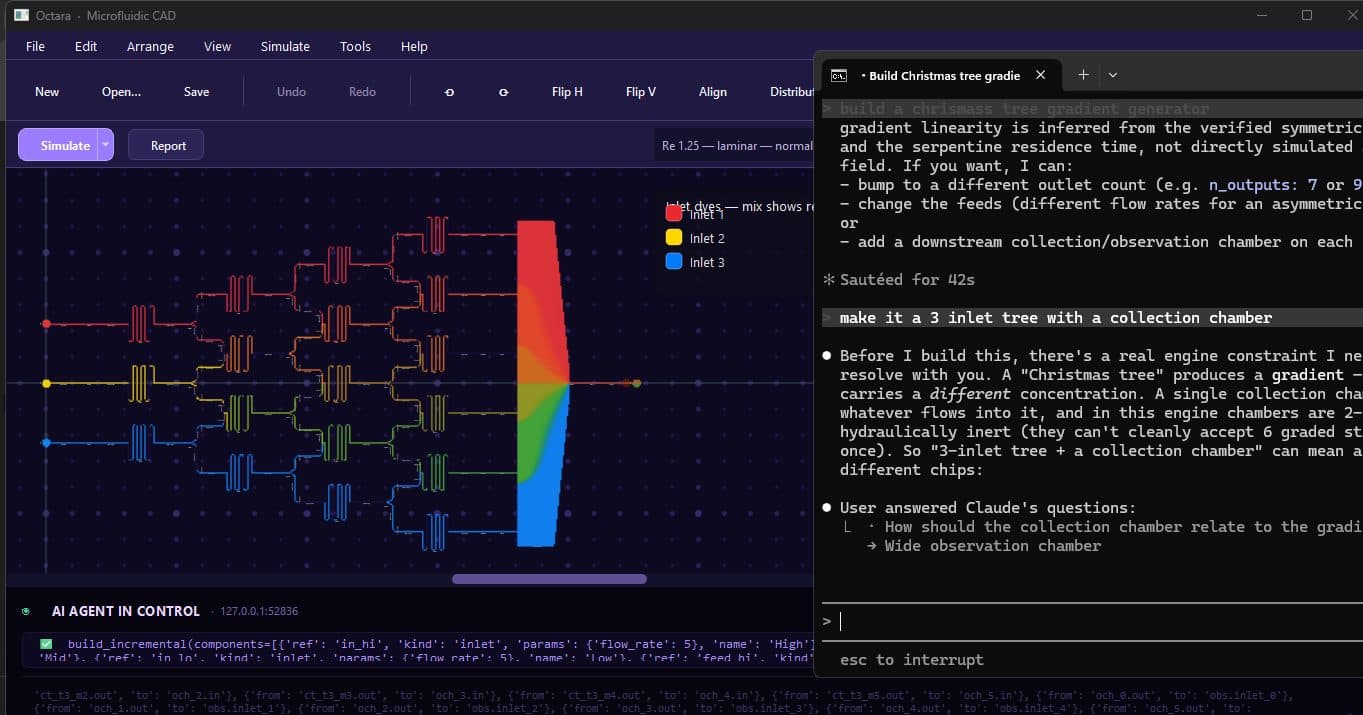 Octara Microfluidic showing a live flow-field simulation with the design assistant
