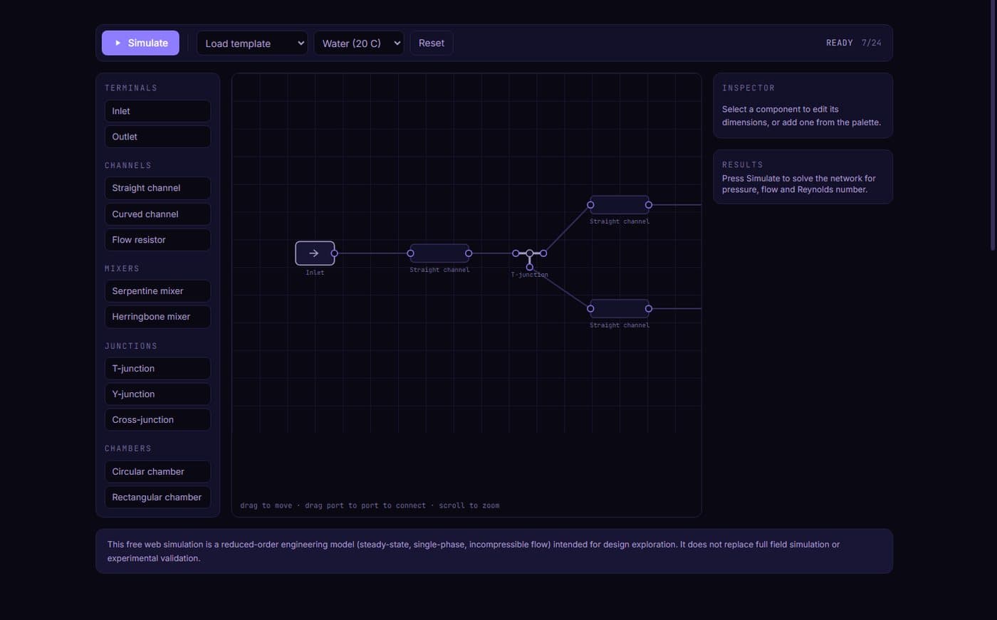 Octara free Studio solving a hydraulic network with flow labels